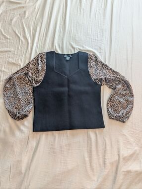 Bailey 44 Black Top with Leopard Puff Sleeves
